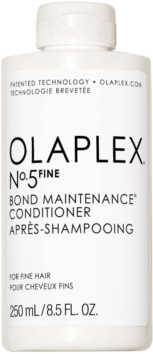 En vit flaska med Olaplex No. 5 Bond Maintenance Conditioner, för fint hår, 250 ml.