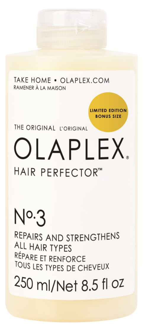 En vit flaska Olaplex No. 3 Hair Perfector med ett etikett som visar storlek och limited edition-märke.