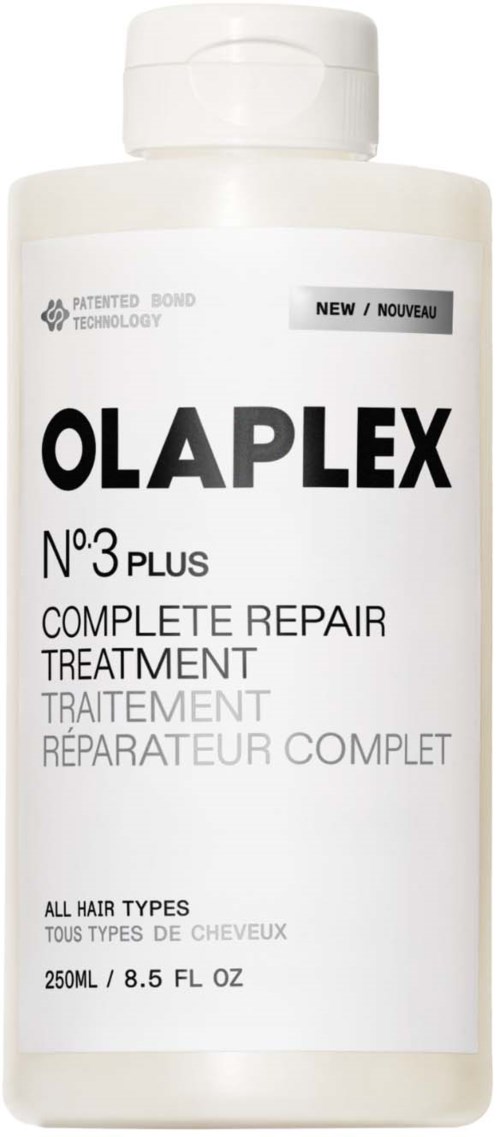 Eine weiße Flasche mit schwarzen Text sagt Olaplex No. 3 Plus, zur Haarkur, 250 ml.