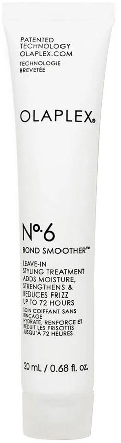 En vit tub märkt Olaplex No.6 Bond Smoother, med information om fuktgivande och stärkande av hår.