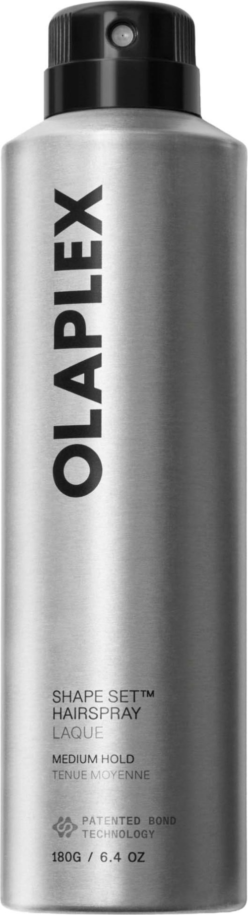A tall silver can of Olaplex Shape Set hairspray with black cap and detailed label.