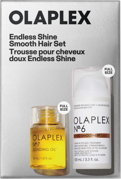 Olaplex-Produkte für Glanz und Glättung im Set, mit Flaschen für No.7 Bonding Oil und No.6 Bond Smoother.