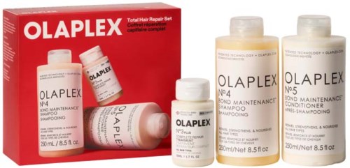 Olaplex hårreparationsset med tre flaskor schampo, balsam och behandling framför en röd box.