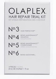 Olaplex Haarreparatur-Probierset mit nummerierten Schritten und Anweisungen für Haarpflege.