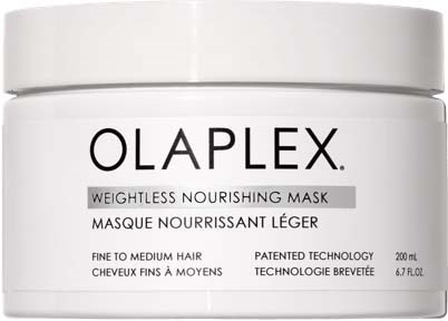 Olaplex-behållare med etikett för en viktlös näringsmask för fint till medelhår.