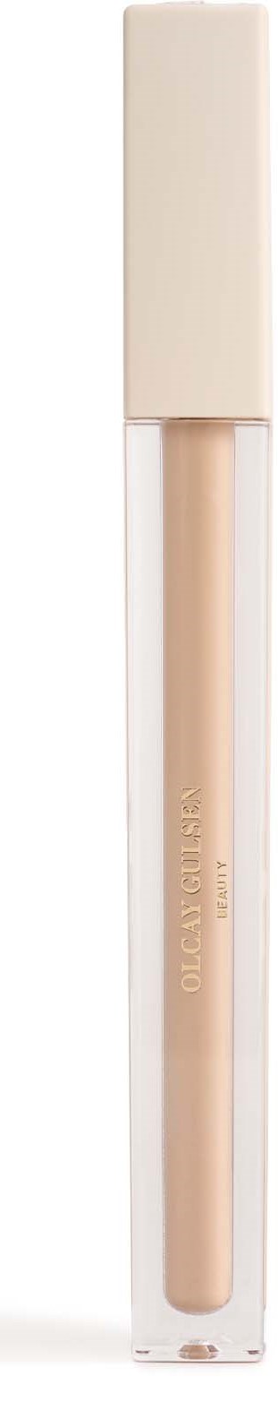 A beige lip gloss tube with a clear bottom showing the gloss inside.