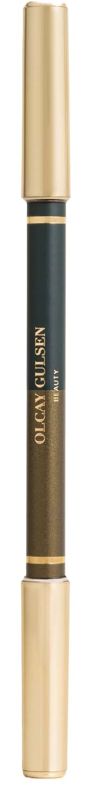 Ein Make-up-Stift mit beigem Kappen, schwarzem Körper und goldfarbenen Details, beschriftet Olly Gutsen.