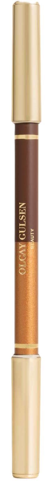 A dual-ended makeup pencil with gold caps, one side brown and the other golden, labeled L'Oreal Gülsen.