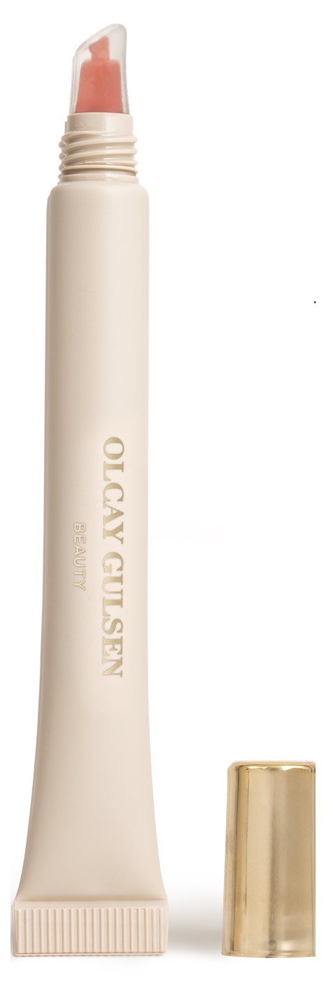 Lip gloss tube with a pink gloss applicator and gold cap.