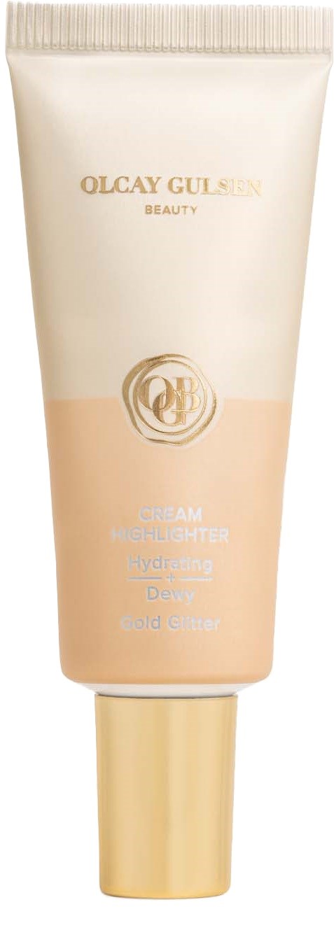 Een tube gezichtscrème met een beige en gouden ontwerp, gelabeld 'Olcay Gulsun Beauty' en 'Hydrating Dew'.