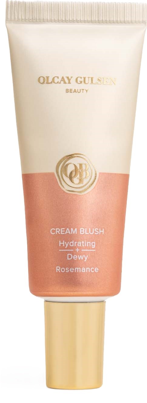 Een tube Olcy Gulsan Beauty crèmeroze, roze en beige kleuren, met tekst over hydratatie en rozengeur.