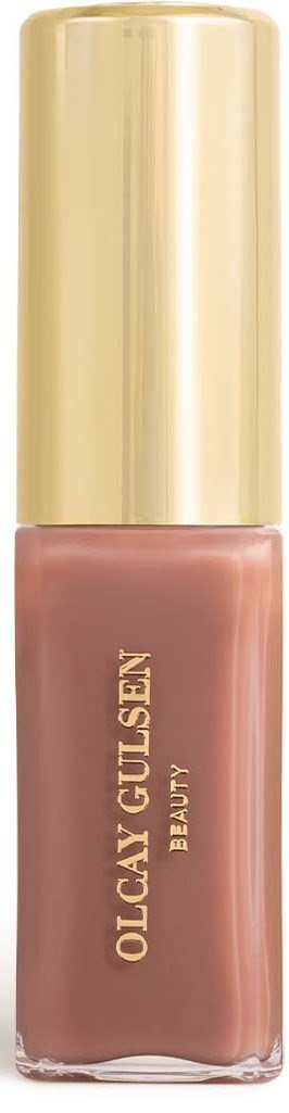 Ein Nagellackflasche mit der Aufschrift 'Olcay Gultekin Beauty' in rosa-brauner Farbe mit goldener Kappe.