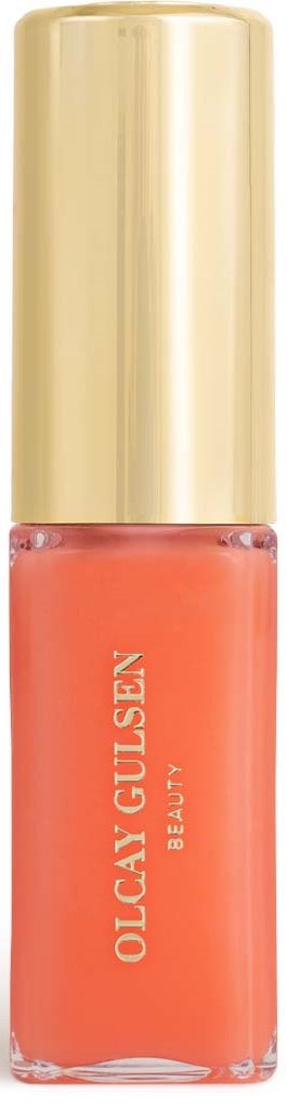 Kleine Flasche Korallenfarbener Nagellack mit Goldkappe, beschriftet "OLCAY GULSEN BEAUTFY."