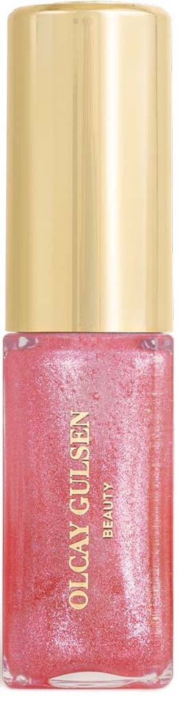 Ein pinkes Lipgloss mit goldener Kappe und goldenem Text, der sagt 'Olcay Gulsen Beauty' auf der Flasche.