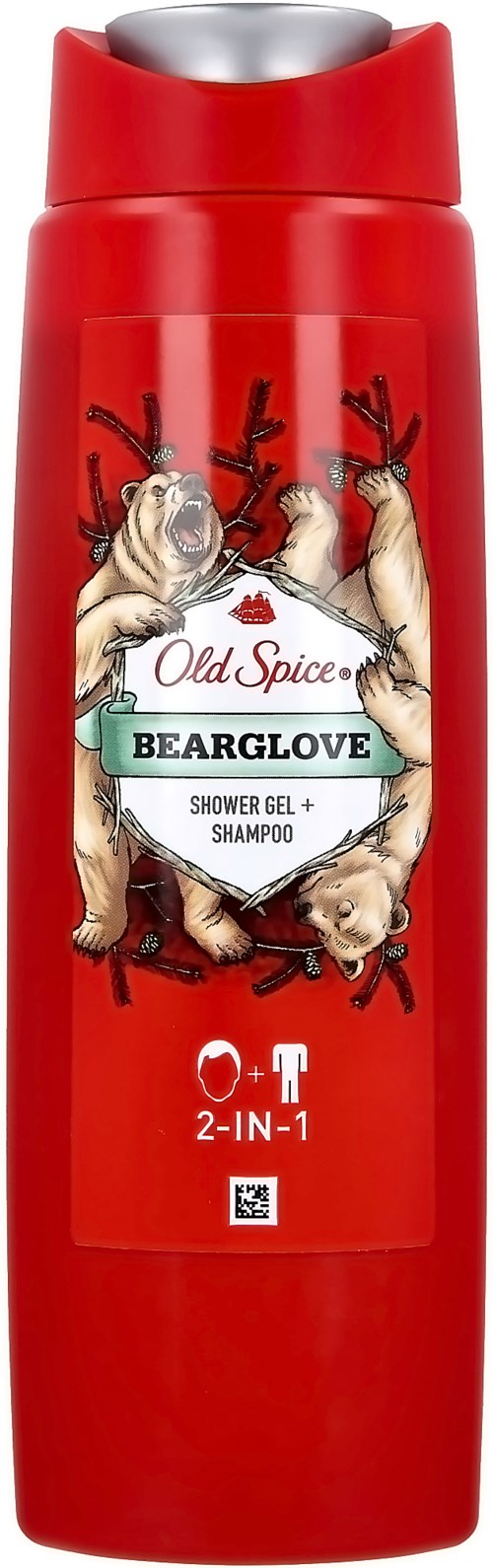 Rød flaske med illustrationer af bjørne og kogler, indeholder Old Spice Bearglove shower gel og shampoo, 2-i-1.
