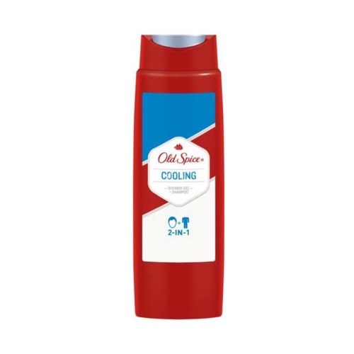 Röd flaska med blå och vita etiketten, visar Old Spice Cooling doft, 2-i-1 schampo och balsam.