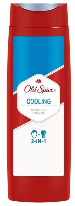 Röd flaska Old Spice Cooling duschgel och schampo, märkt 2-i-1, med blå och vit design.