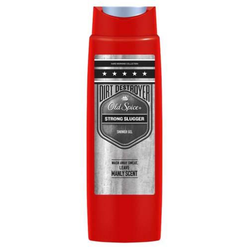 Röd duschgelflaska med svart och silveretikett, kallad Dirt Destroyer Old Spice, stark slugger doft.