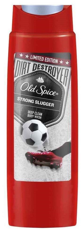 En röd flaska med Old Spice duschgel med bilder av fotboll och bil, och ord som 'Dirt Destroyer' och 'Strong Slugger.'