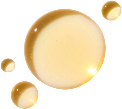 Four golden bubbles of different sizes float on a white background.