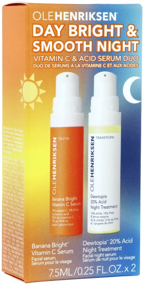 Två sprayflaskor för dag- och nattbehandling, med orange och blå etiketter, med sol- och mån-ikoner.