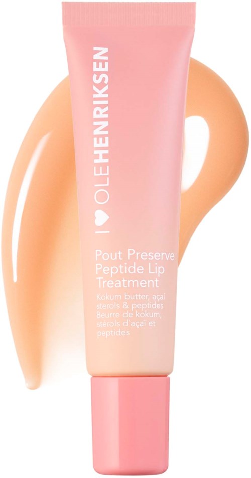 Rosafarbene Tube mit weißem Text, zeigt Lippenpflege und Produkt in Pfirsichfarbe.