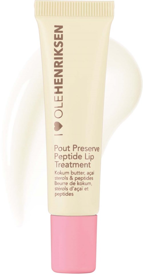 En liten tube med rosa lokk, merket Ole Henriksen Pout Preserve Peptide Lip Treatment, inneholder leppebalsam.