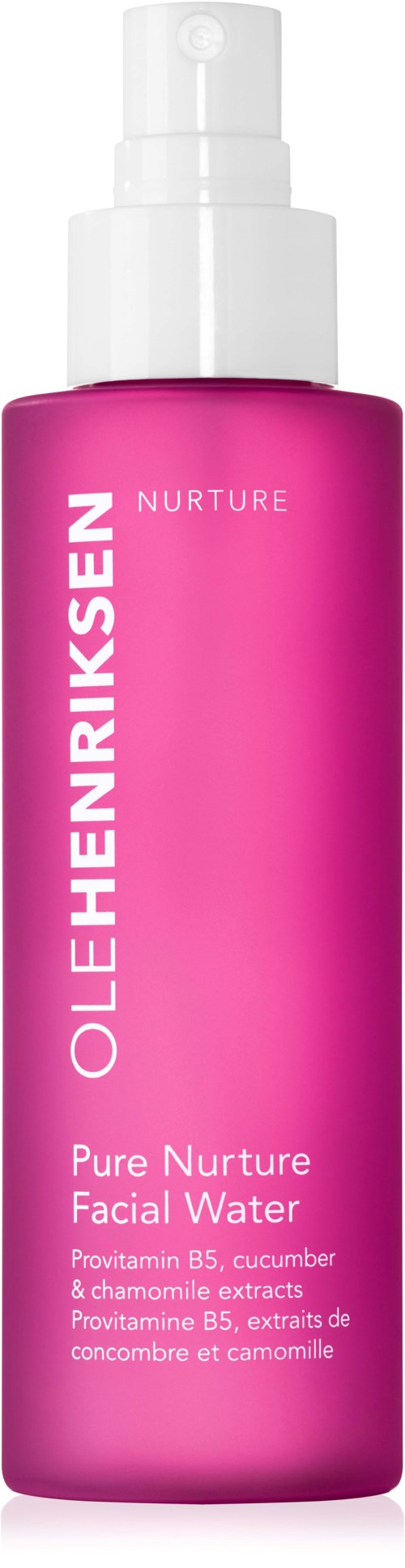 Rosa flaska med vit pump som innehåller ansiktsvatten med naturliga ingredienser för hudvård.