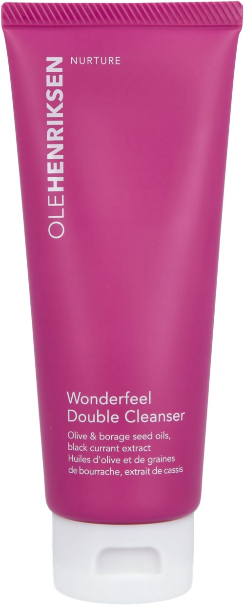 Rosa tube med hvit tekst, merket OleHenriksen Wonderfeel Double Cleanser for hudrenhet.