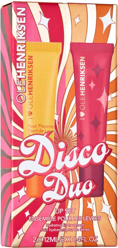 Colorful lip gloss set with two tubes, one yellow and one pink, labeled Disco Duo, with a lively background.
