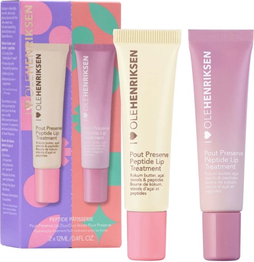 Oleh Henriksen Pout Preserve Peptide Lip Treatment tubes in pink, purple, and cream with SPF, displayed with packaging.