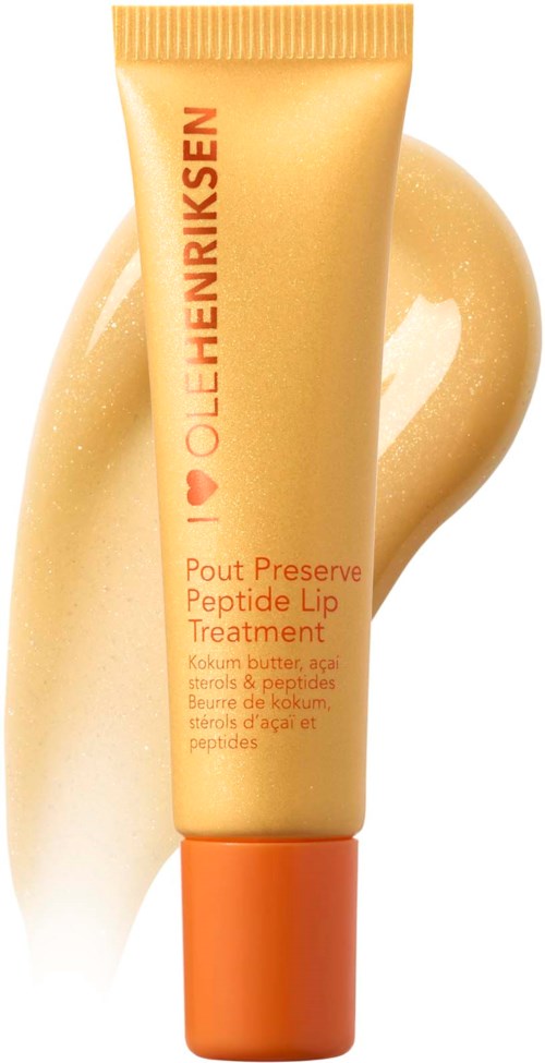 Beige tube oranssilla kannella, jossa lukee 'OLEHENRIKSEN' ja 'Pout Preserve Peptide Lip Treatment' oranssilla tekstillä.