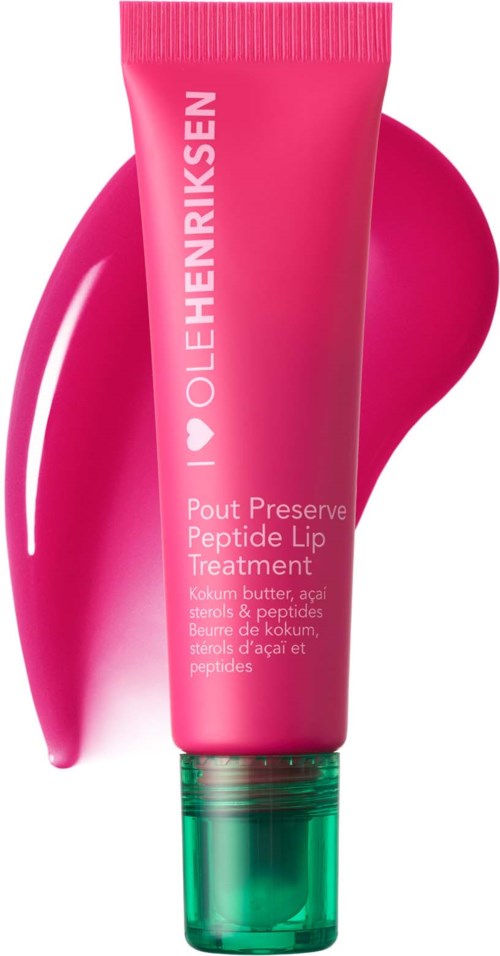 Rosa tube fra Ole Henriksen leppebehandling med en grønnhette og et lag av produktet.