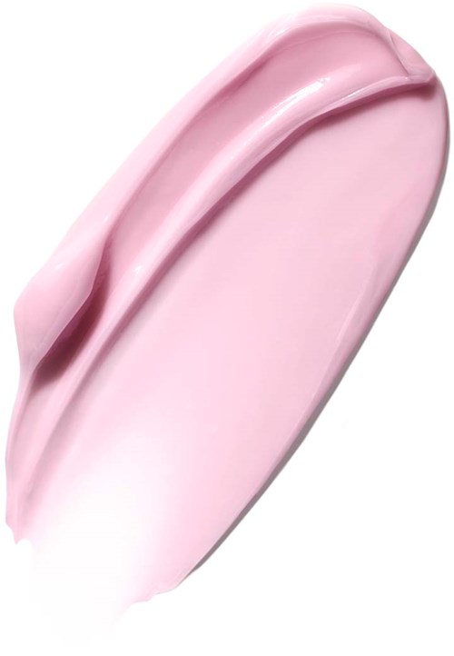 Rosa leppestiftflekk på hvit bakgrunn. Glatt, skinnende og litt bøyd overflate.