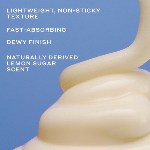 Text on a blue background describes a product's lightweight, non-sticky texture, fast absorption, dewy finish, and lemon scent.