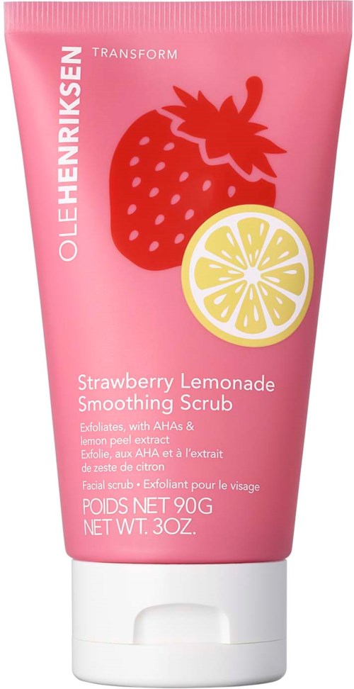 Pinkfarbige Tube mit Erdbeer-Zitronen-Limonade-Smoothing-Scrub mit Bild von Erdbeere und Zitronenscheibe. Text beschreibt Produkt und Gewicht.