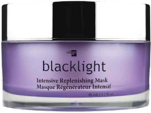 A purple jar labeled 'blacklight' contains an intensive replenishing mask for skin care.