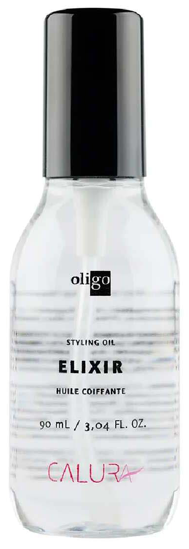 En transparent flaska med svart lock, märkt 'Oligo Elixir Calura' stylingolja, 90 ml.