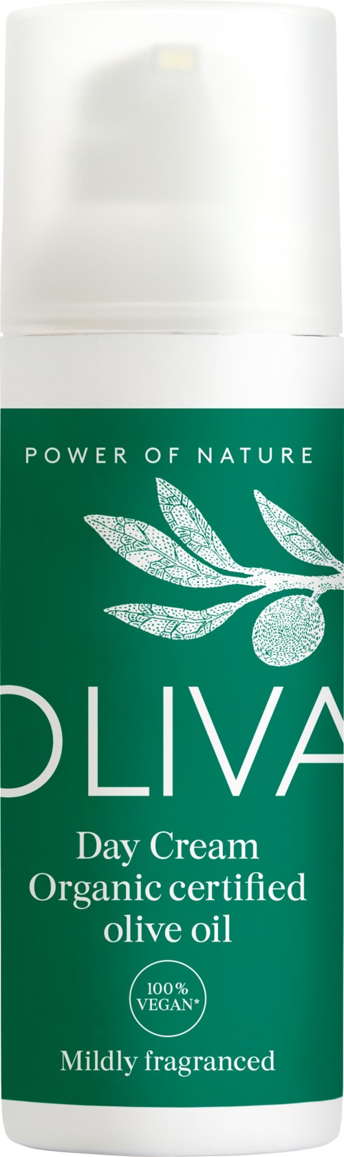 Grön och vit flaska märkt 'Oliva Day Cream' med en olivkvistillustration.