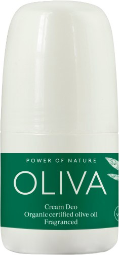 Ein weißer Deostick mit grünem Etikett, auf dem "OLIVA" steht, und es wird erwähnt, dass es aus biologischem Olivenöl hergestellt ist.