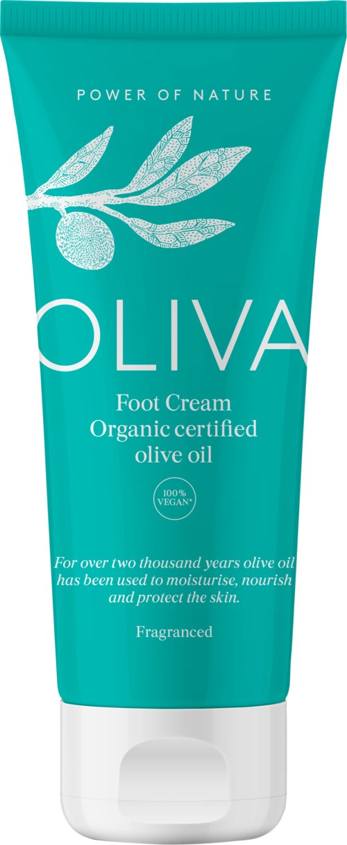 En blågrön tub med Oliva fotkräm med olivgrenar, märkt 'Power of Nature' och 'Organic certified olive oil.'
