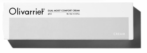 En vit låda med Olivarriel Dual Moist Comfort Cream med svart och grå text och enkel design.
