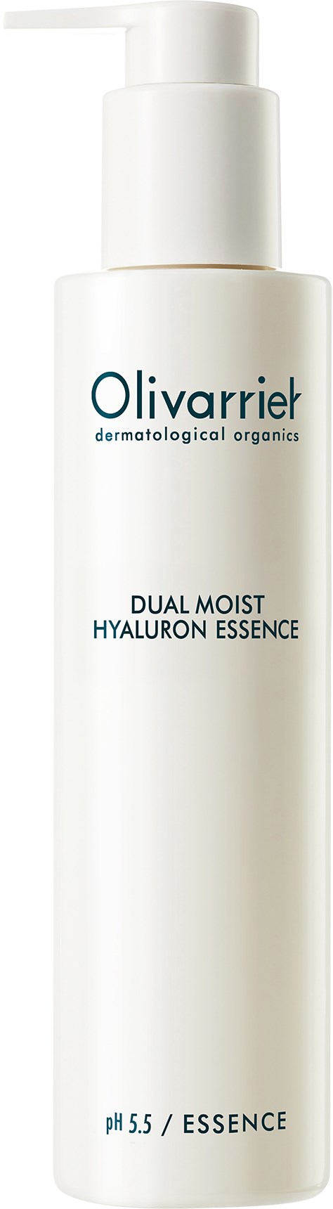 En vit flaska med pump märkt 'Olivarrier Dual Moist Hyaluron Essence' för hudnäring.