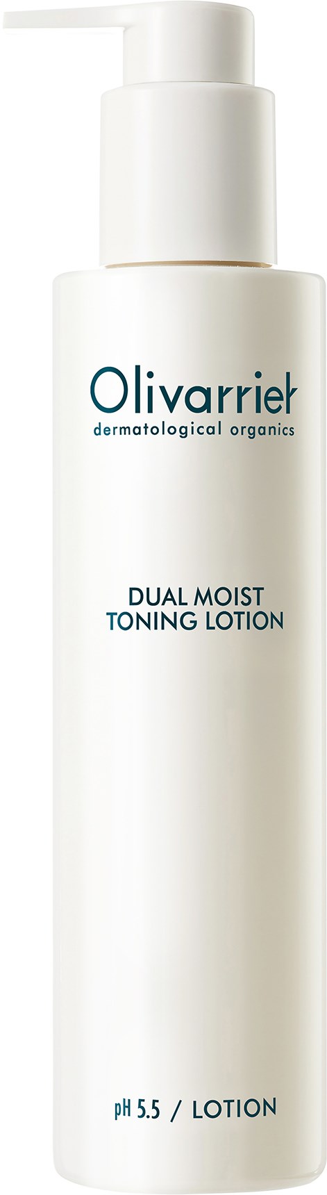 En hvit flaske med pumpe, merket Olivarrier, Duo Moist Toning Lotion, pH 5.5.