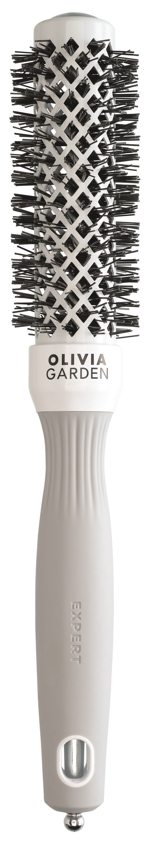 En vit rund hårrullare med svarta borst och en etikett som säger Olivia Garden.