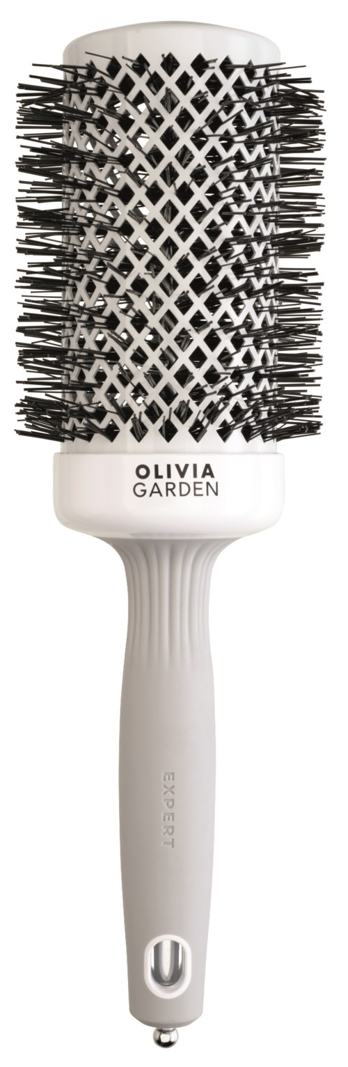 A white round hairbrush with black bristles and a handle, labeled Olivia Garden.