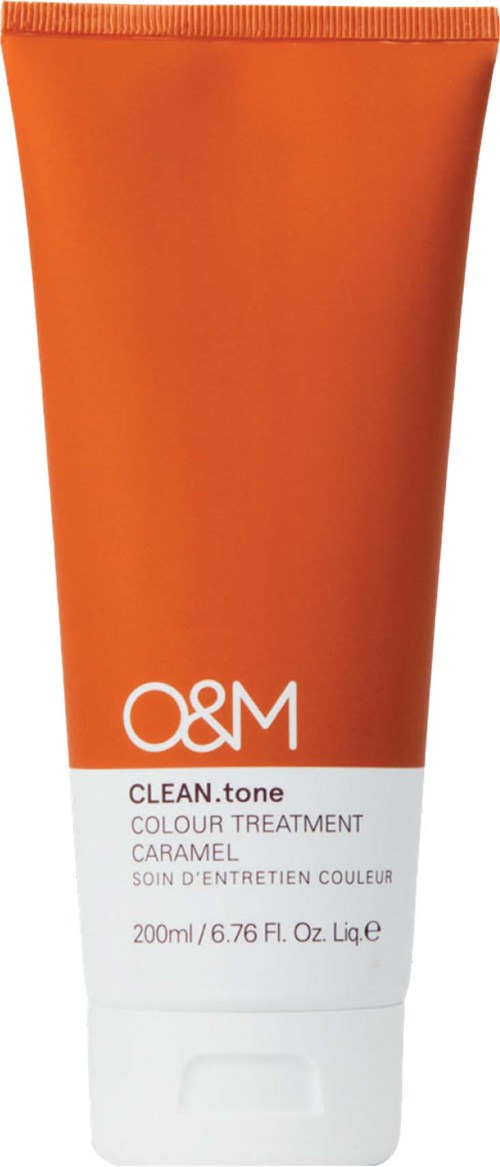 Orange og hvid tube mærket O&M CLEAN. tone farveterapi karamel, 200ml.