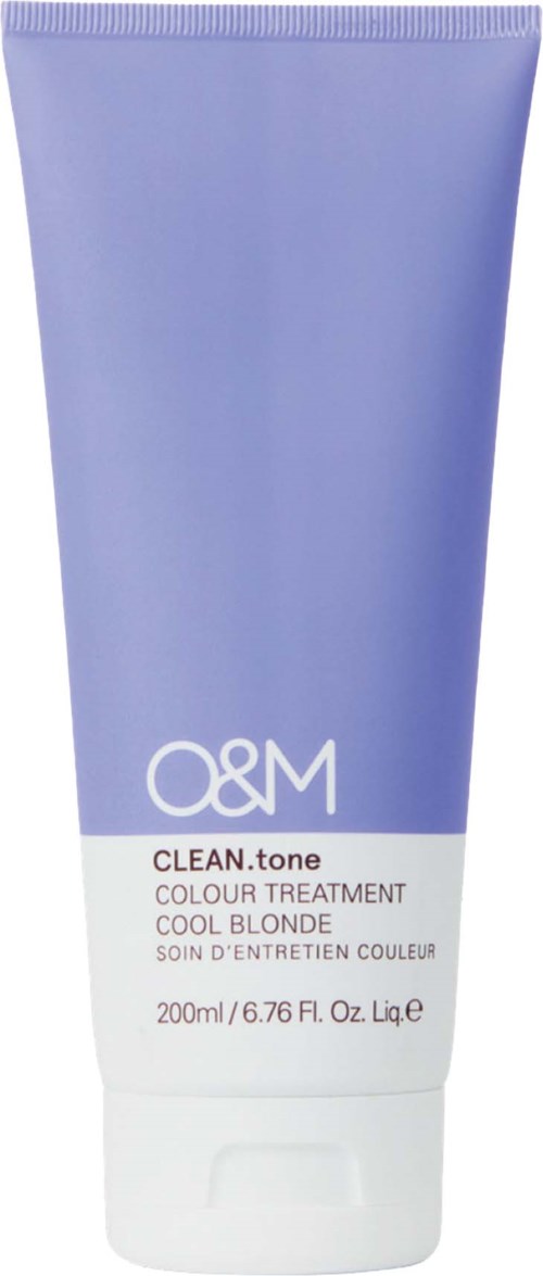 Lilla og hvid tube mærket O&M, til blond hårfarvning, indeholder 200 ml produkt.