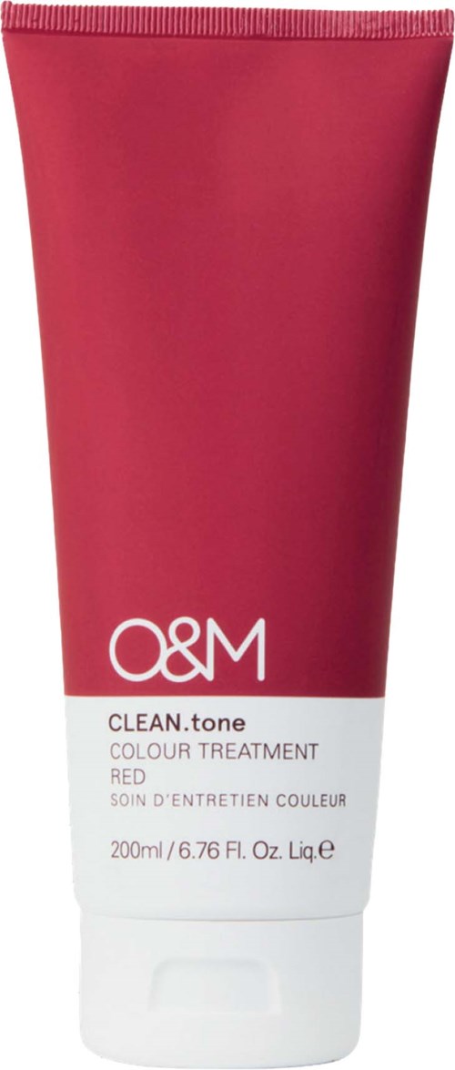 Rødt rør med hårfarvningsbehandling med hvid og sort tekst, mærket "O&M CLEAN.tone."