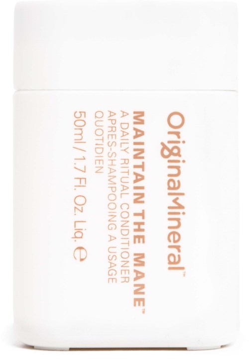 Hvid beholder med orange tekst, mærket 'Original/liner' og 'Maintain the Mane' til hårpleje.